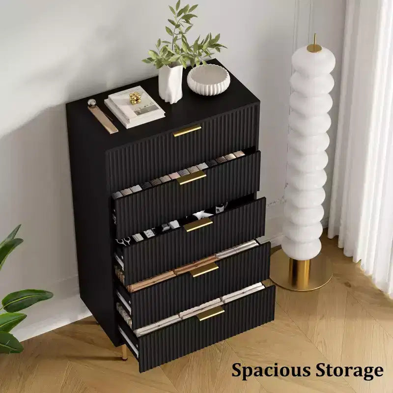 Cassettiera a 5 cassetti Bianca / Marmo e Legno – Pannello scanalato, per 1 persona