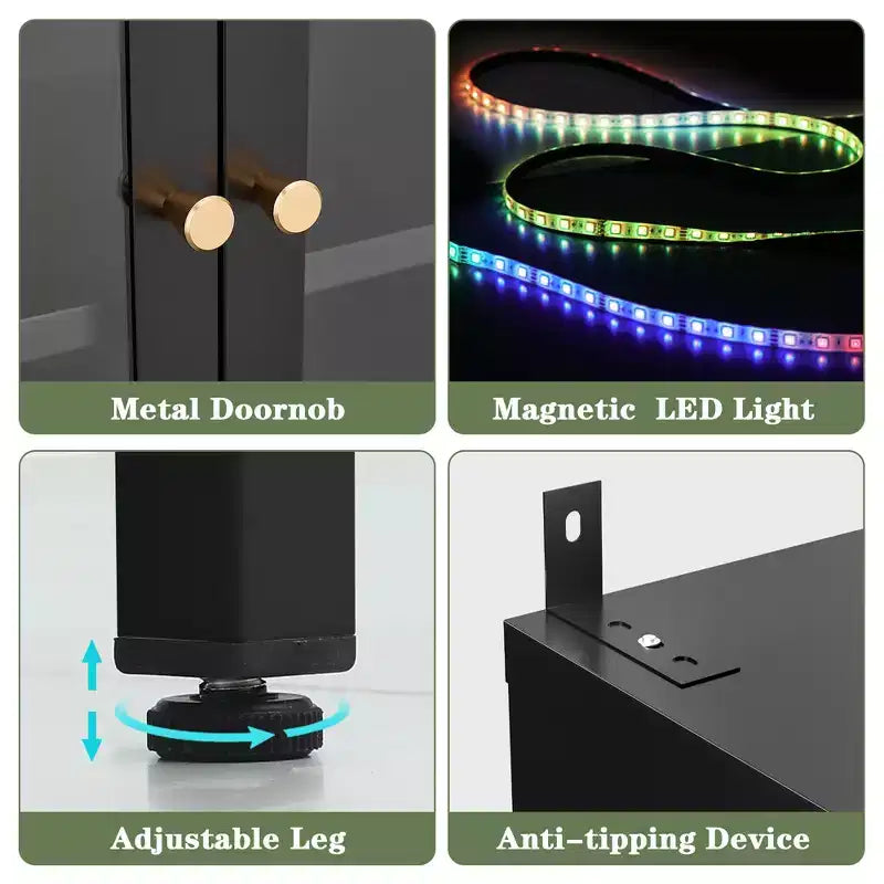 Bekrvio Vetrina in vetro a 3 lati 67H con luci a LED, 5 ripiani con doppia anta e struttura in metallo per oggetti da collezione, ideale per piccoli spazi