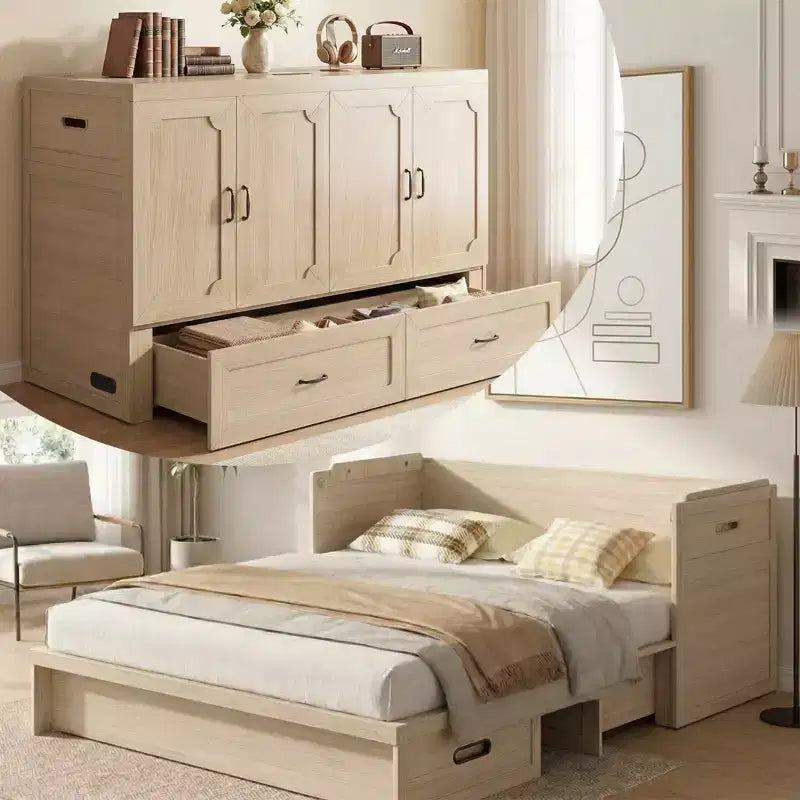 Letto armadio trasformabile Murphy Queen Size Mjkone con materasso, ricarica USB e cassetti contenitori