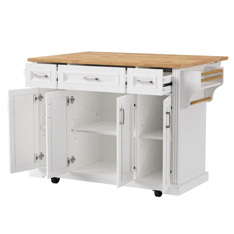 Grande isola da cucina con piano ribaltabile in legno, carrello da cucina con texture goffrata, ante e cassetti, spazio contenitore, bianca