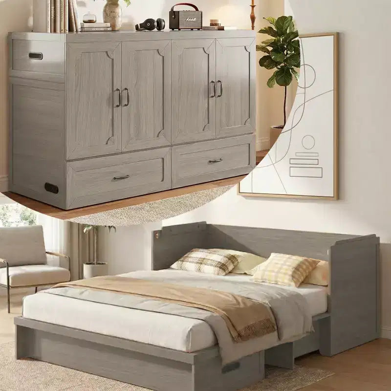Letto armadio trasformabile Murphy Queen Size Mjkone con materasso, ricarica USB e cassetti contenitori