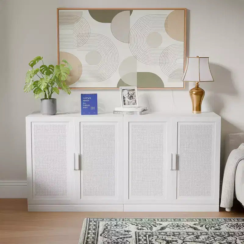 Sett ta’ 3 kabinetti sideboard buffet b’bibien tar-rattan, spazju għall-ħażna u xkafef aġġustabbli - 93Lx31H
