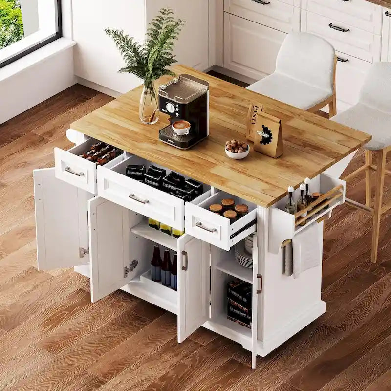Grande isola da cucina con piano ribaltabile in legno, carrello da cucina con texture goffrata, ante e cassetti, spazio contenitore, bianca