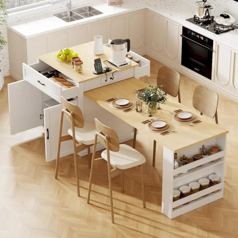 Isola da cucina in legno da 82,7 pollici per 4-6 persone, con tavolo da pranzo allungabile e spazio contenitore doppio