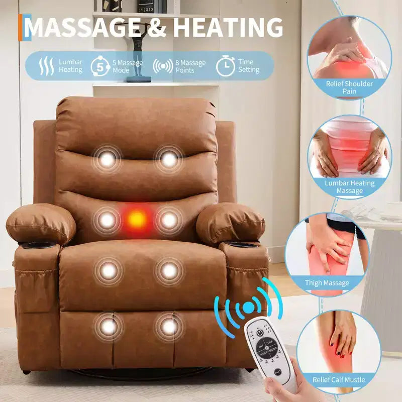 Siġġu recliner kbir li jdur 360 u jitbandal, bil-massaġġi u s-sħana - siġġu ergonomiku għar-rilassament b'holders għat-tazzi u bwiet tal-ġenb għall-kamra tal-għixien u l-mixtla