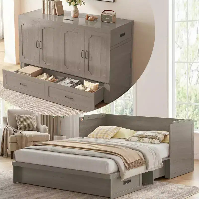 Letto armadio trasformabile Murphy Queen Size Mjkone con materasso, ricarica USB e cassetti contenitori