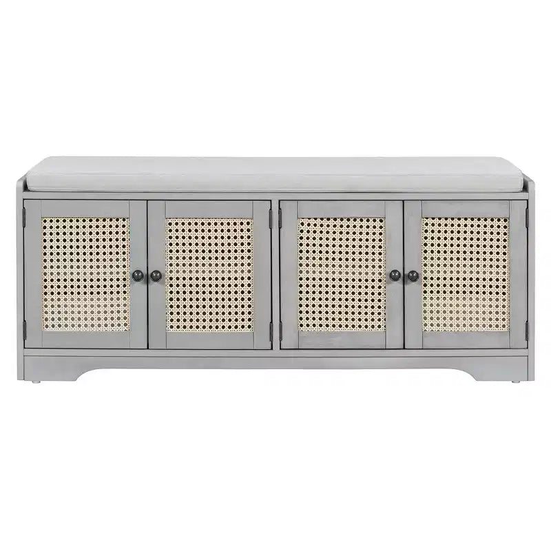 Panca contenitore in legno rustico Whisen, panca portascarpe per ingresso con cuscino rimovibile e ripiani regolabili