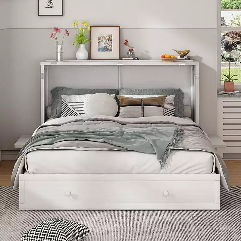 Letto a scomparsa queen Mjkone, letto a cubo con armadio contenitore, stazione di ricarica e spazio portaoggetti