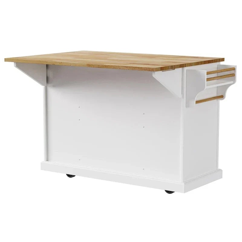 Grande isola da cucina con piano ribaltabile in legno, carrello da cucina con texture goffrata, ante e cassetti, spazio contenitore, bianca