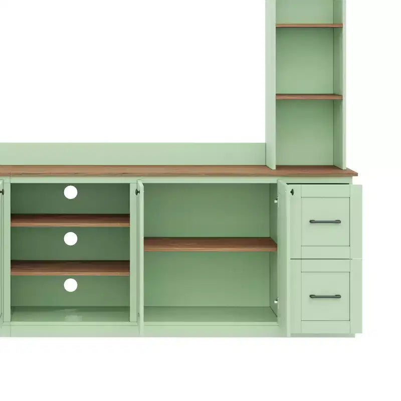 Μονάδα τοίχου κέντρου ψυχαγωγίας ModernLuxe 4-σε-1 σε στιλ αγροικίας, χωρά τηλεοράσεις έως 70, έπιπλο τηλεόρασης και κονσόλα πολυμέσων με ρυθμιζόμενα ράφια και συρτάρια