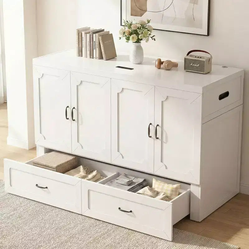 Letto armadio trasformabile Murphy Queen Size Mjkone con materasso, ricarica USB e cassetti contenitori