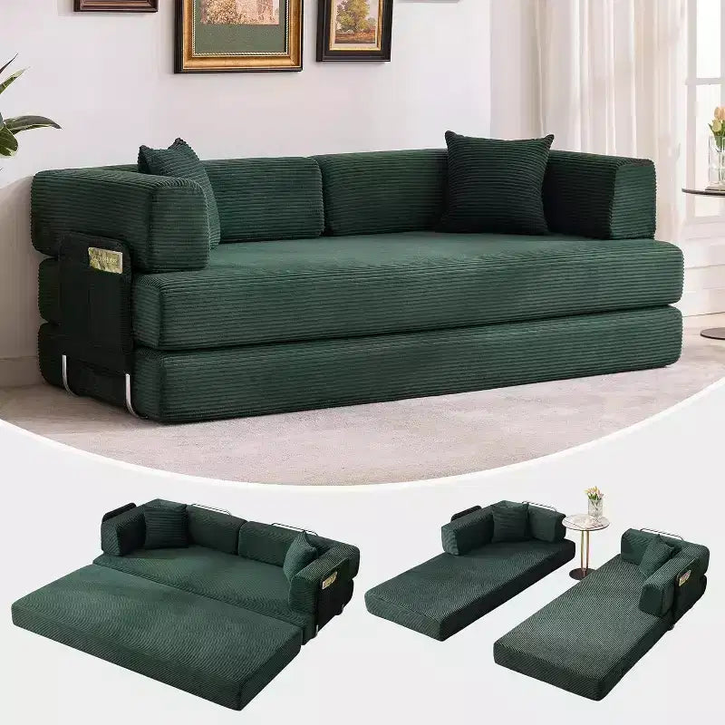 Divano letto a pavimento in velluto a coste con cuscini, braccioli e schienale convertibili, adatto per soggiorni, camere da letto e appartamenti.
