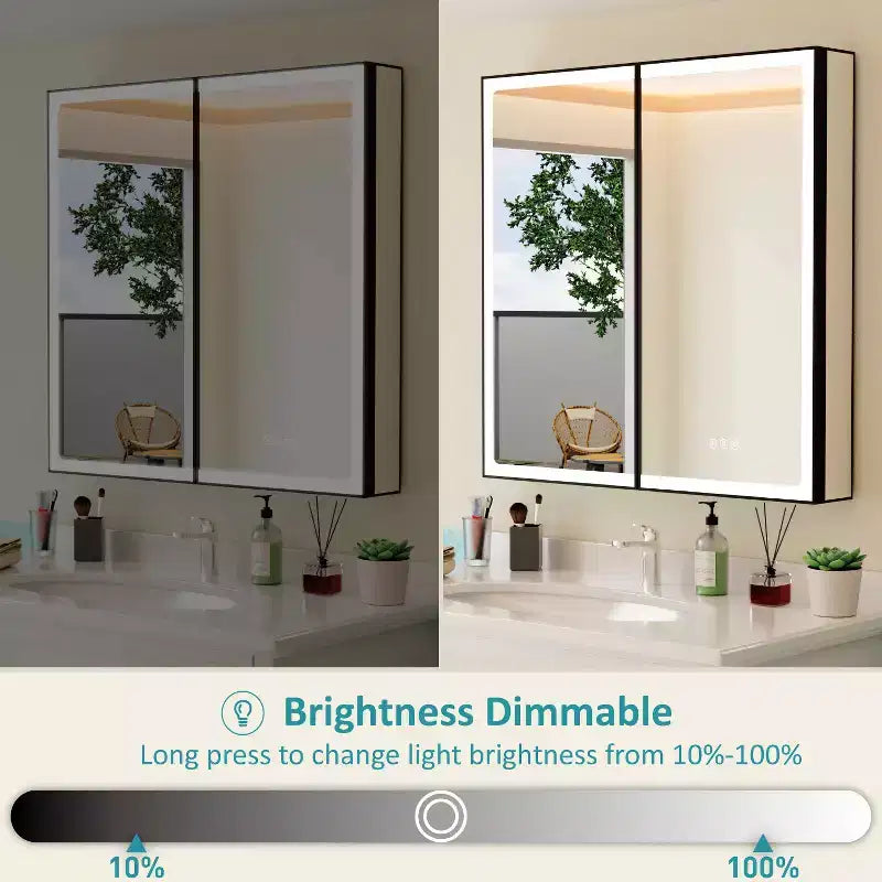 Ντουλάπι φαρμακείου μπάνιου με καθρέφτη LED, για επιτοίχια ή χωνευτή τοποθέτηση, ρυθμιζόμενο φωτισμό, λειτουργία κατά της υγρασίας και ρυθμιζόμενα ράφια