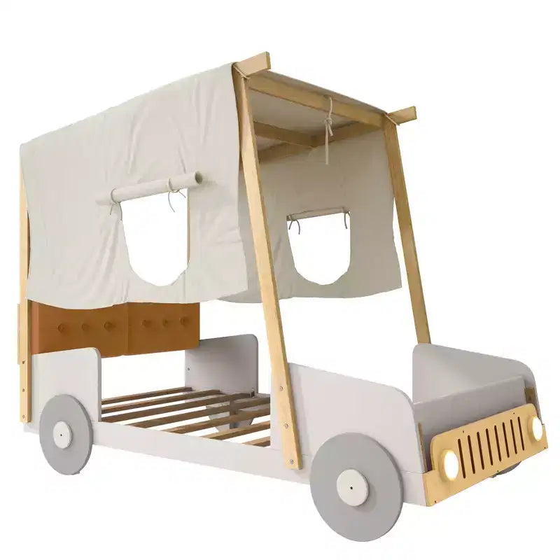 Whisen Wood Car Bed with Pillow, Ceiling Cloth and LED - Natural