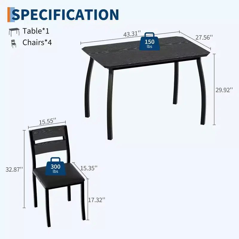 Set da cucina composto da tavolo e sedie con struttura in metallo, 5 pezzi, con design smussato