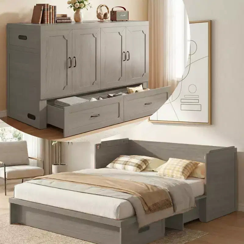 Letto armadio trasformabile Murphy Queen Size Mjkone con materasso, ricarica USB e cassetti contenitori