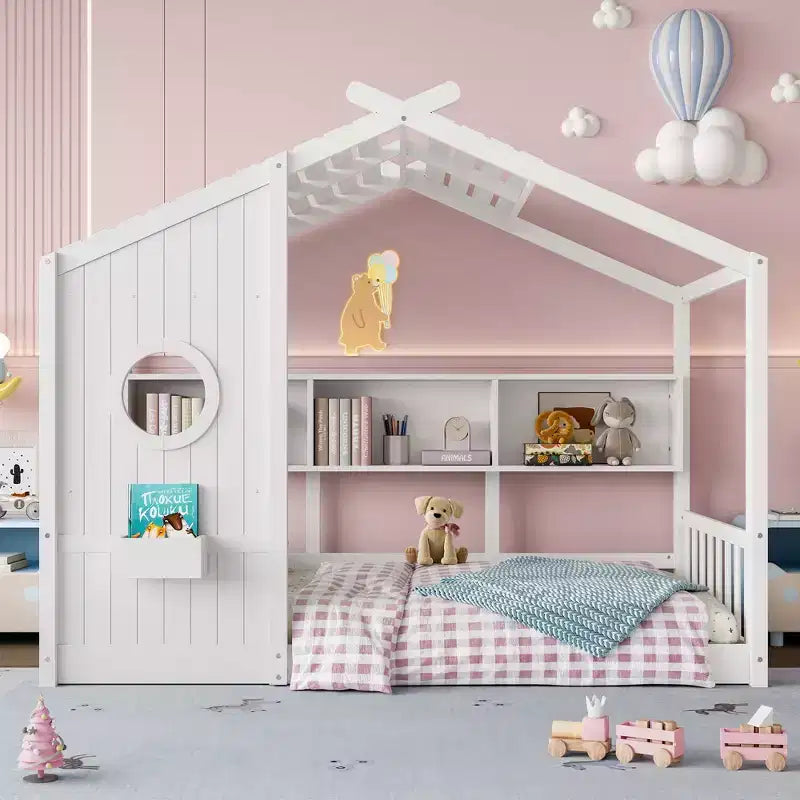 Twin/Full Size House Platform Bed Frame Toddler Floor Bed Kids Montessori Bed Playhouse Bed with Storage Shelf - ModernLuxe