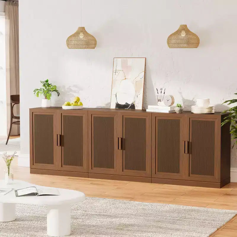Sett ta’ 3 kabinetti sideboard buffet b’bibien tar-rattan, spazju għall-ħażna u xkafef aġġustabbli - 93Lx31H