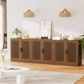 Sett ta’ 3 kabinetti sideboard buffet b’bibien tar-rattan, spazju għall-ħażna u xkafef aġġustabbli - 93Lx31H