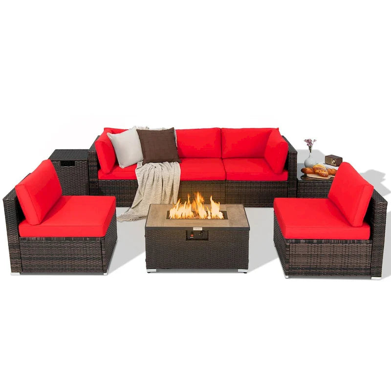 Комплект мебели от ратан за тераса от 8 части с маса с огнище, държач за резервоар и покривало за палуба