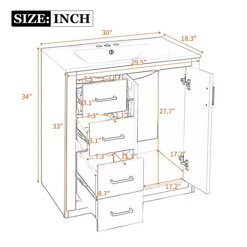Mobile da bagno da 30" con lavabo singolo, armadietto e 3 cassetti – Nero / Blu / Verde / Indaco / Bianco