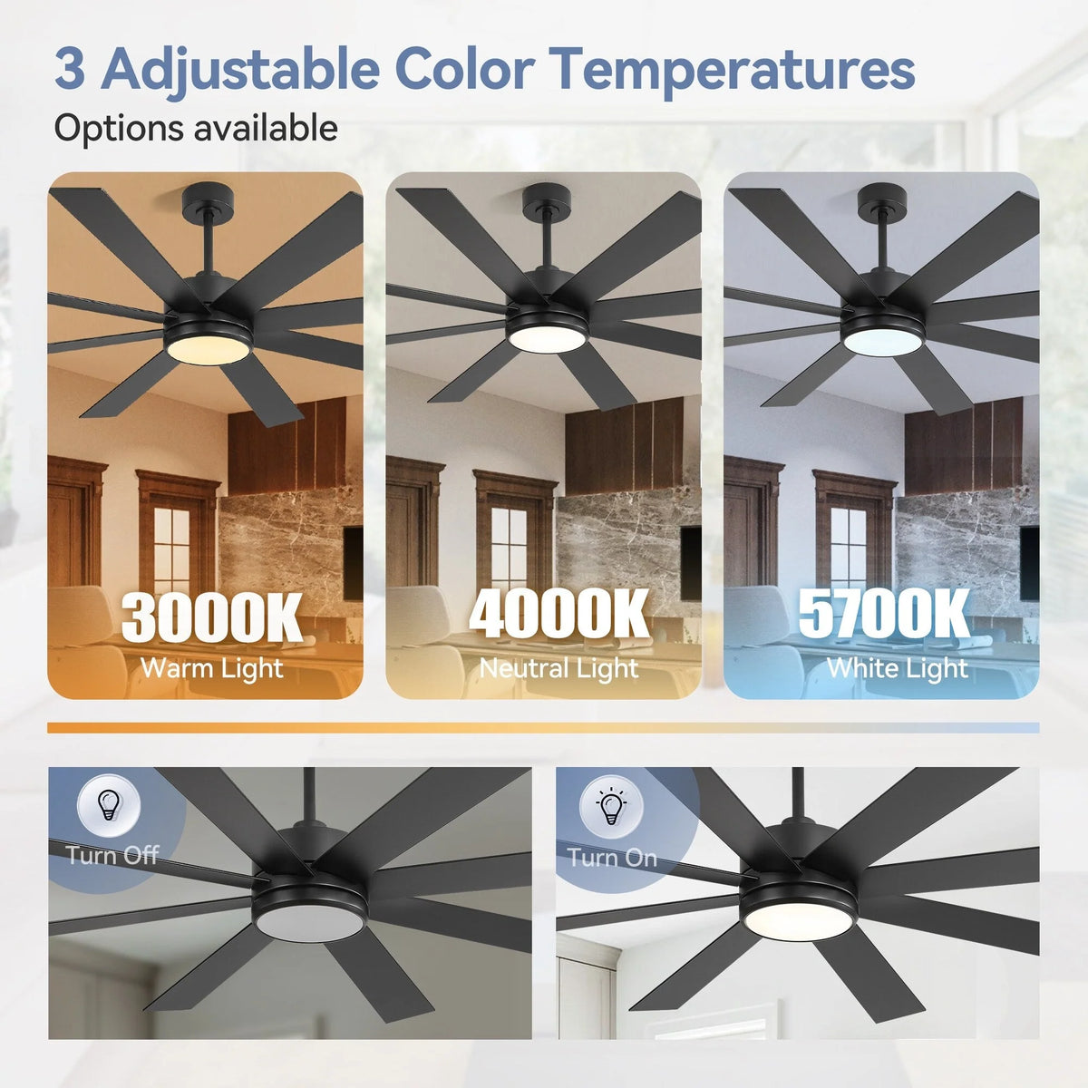 Ventilatore da soffitto nero da 65 pollici con 8 pale, LED, luce e telecomando