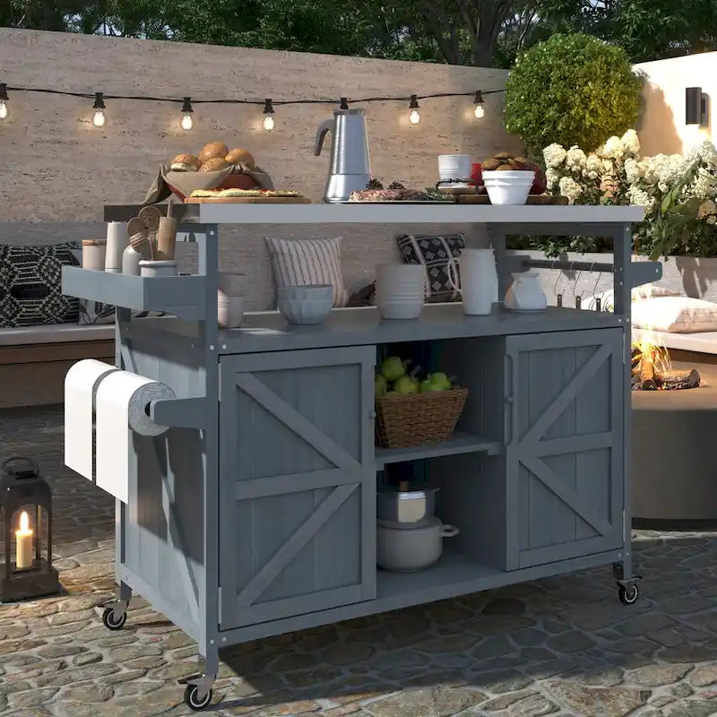 Outdoor Kitchen Island, Rolling Bar Cart & Storage Cabinet,Solid Wood Grill Table with Stainless Steel Top,Spice Rack,Towel Rack