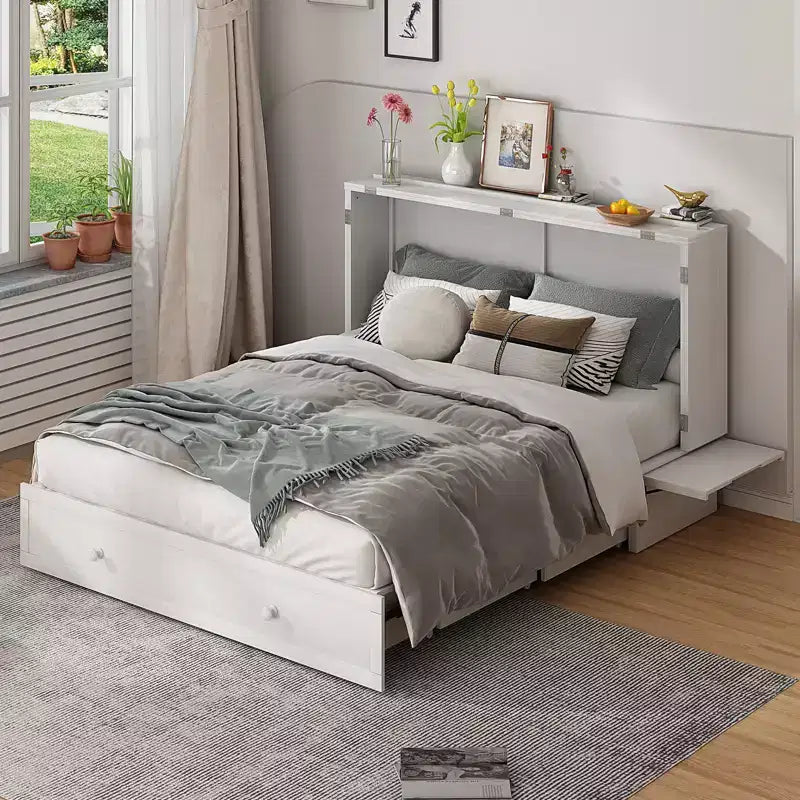 Letto a scomparsa queen Mjkone, letto a cubo con armadio contenitore, stazione di ricarica e spazio portaoggetti