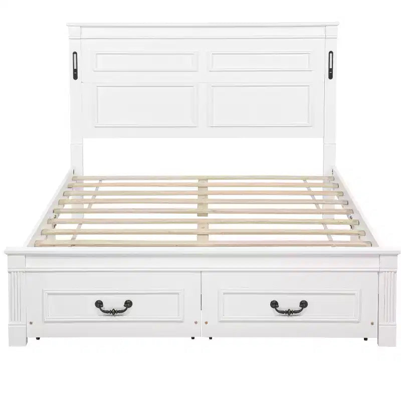 ModernLuxe Queen/King Size Platform Bed with Tall Headboard, Rustic Wood Bed Frame with 2 Drawers, LED Lights & USB Ports