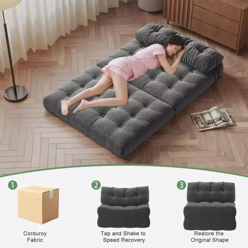 Zusammenklappbares Cord-Schlafsofa als Futon in Full-Größe, umwandelbarer Bodenschlafsessel mit Kissen und Rückenstütze