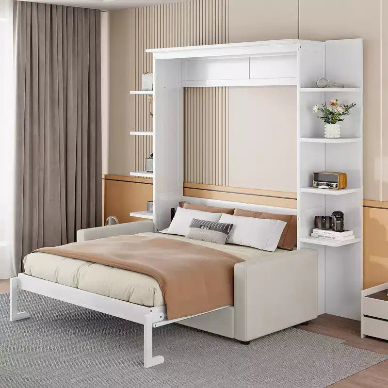 Queen-Murphy-Bett zum Herunterklappen mit Sofa, Schrankbett in Queensize zum Falten mit Bücherregal und Einlegeböden für Gästezimmer oder Büro