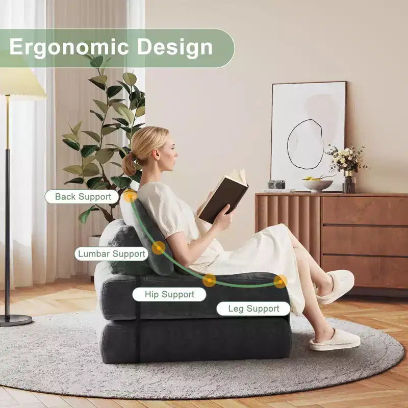 Zusammenklappbares Cord-Schlafsofa als Futon in Full-Größe, umwandelbarer Bodenschlafsessel mit Kissen und Rückenstütze