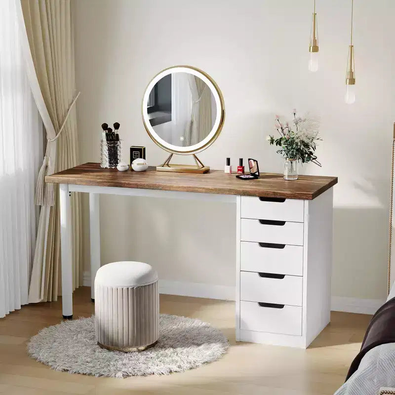 Desk tal-kompjuter ta’ 47 Pulzier b’5 kxaxen għall-ħażna, mejda moderna rustika riversibbli għall-istudju u l-kitba, workstation għall-uffiċċju tad-dar għal spazji żgħar