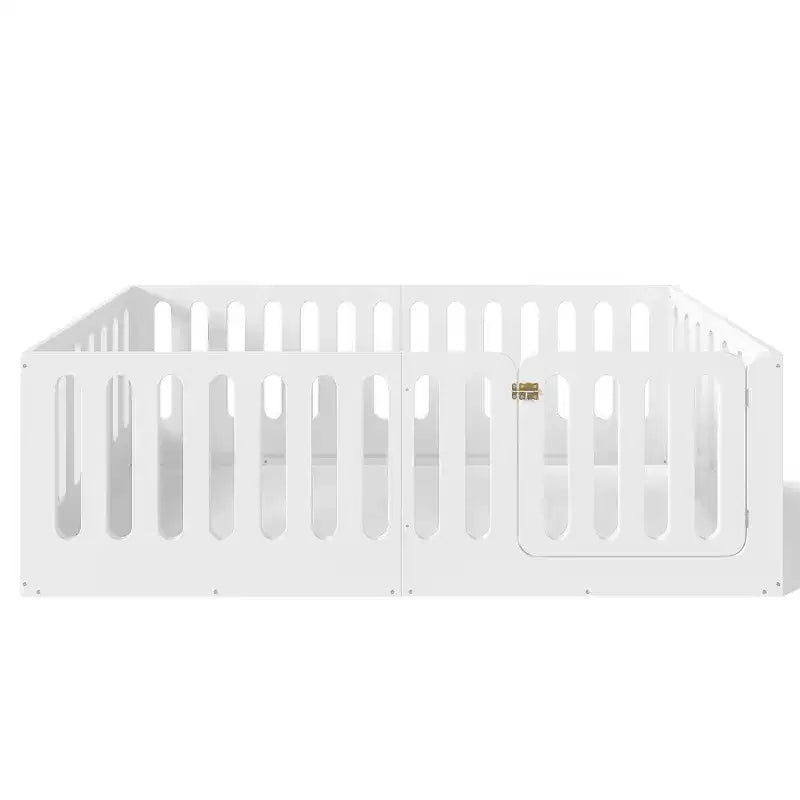 Letto Montessori a terra per bambini, singolo, bianco, con sponde e cancelletto – Legno massello, 1 posto