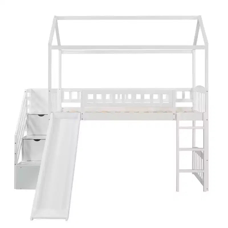 Twin House Loft Bed with Slide and Stairs, Loft Bed with Storage Drawers, Wood Cabin Loft Bed for Kids Toddlers