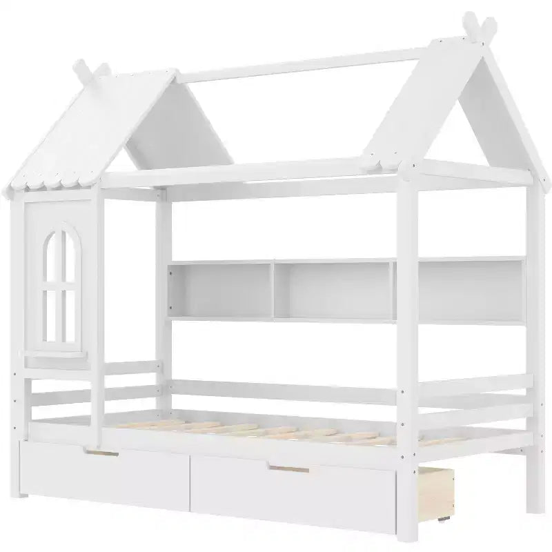 Letto a piattaforma a forma di casetta con cassetti contenitore e finestra, struttura in legno massello con ripiani, design giocoso per bambini, bianco chiaro
