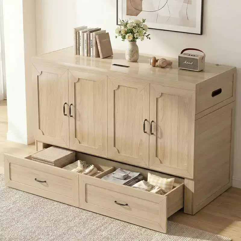 Letto armadio trasformabile Murphy Queen Size Mjkone con materasso, ricarica USB e cassetti contenitori