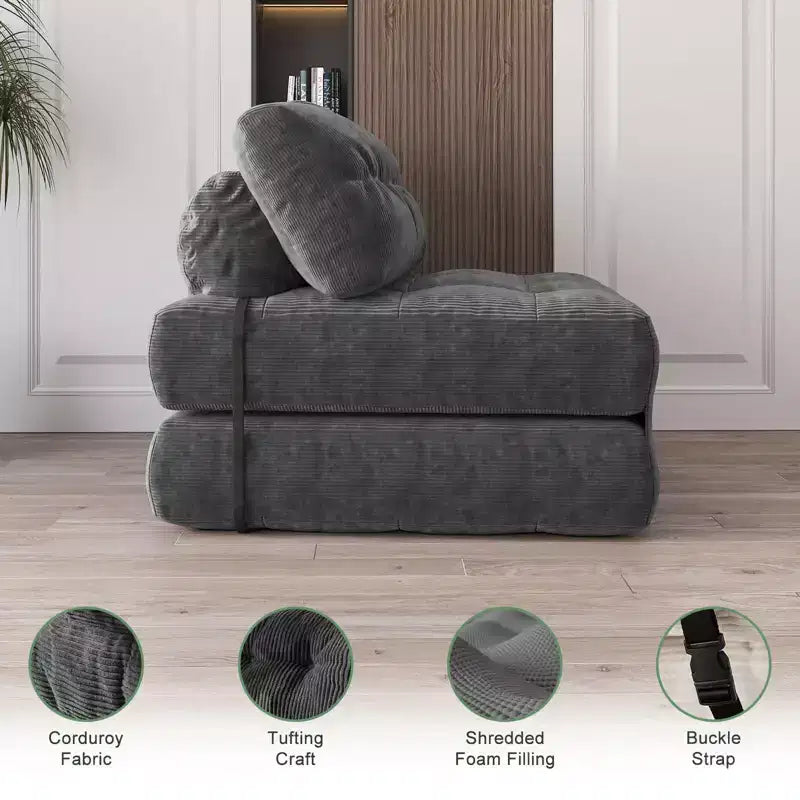 Zusammenklappbares Cord-Schlafsofa als Futon in Full-Größe, umwandelbarer Bodenschlafsessel mit Kissen und Rückenstütze