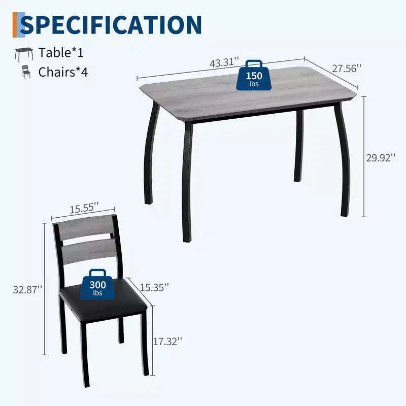 Set da cucina composto da tavolo e sedie con struttura in metallo, 5 pezzi, con design smussato