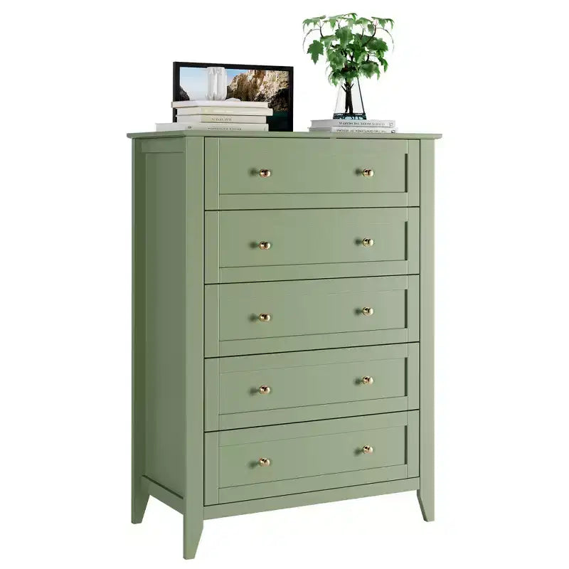 Comò a 5 cassetti alto 108 cm per camera da letto, mobile contenitore in legno con cassetti profondi 30 cm e pomelli in metallo dorato, ideale per ingresso o corridoio