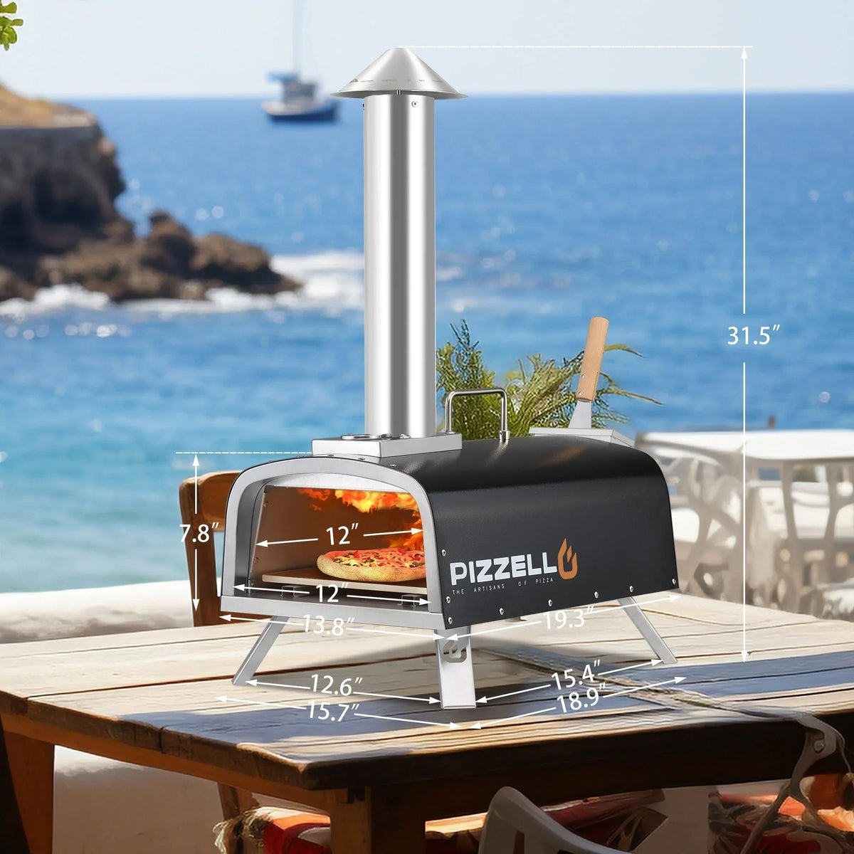 Forn tal-pizza ta’ barra b’diversi fjuwils, apparat għall-pizza moħmija fuq il-ġebel b’berner tal-gass u kaxxa għall-injam - 12-il pulzier