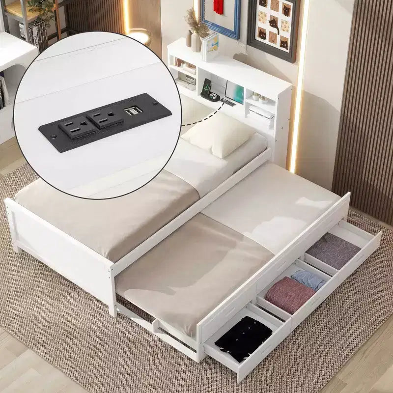 Podestbett mit Ausziehbett und Schubladen, Stauraum-Podestbett mit USB-Anschluss, Holz-Podestbett mit Bücherregal