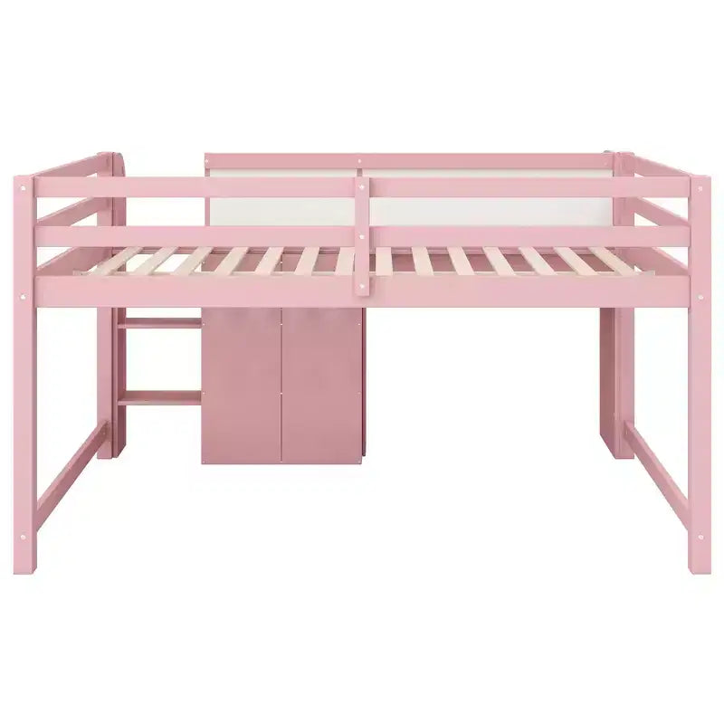 Letto a soppalco basso rosa/bianco con scrivania, contenitore e lavagna - Singolo, 1 posto