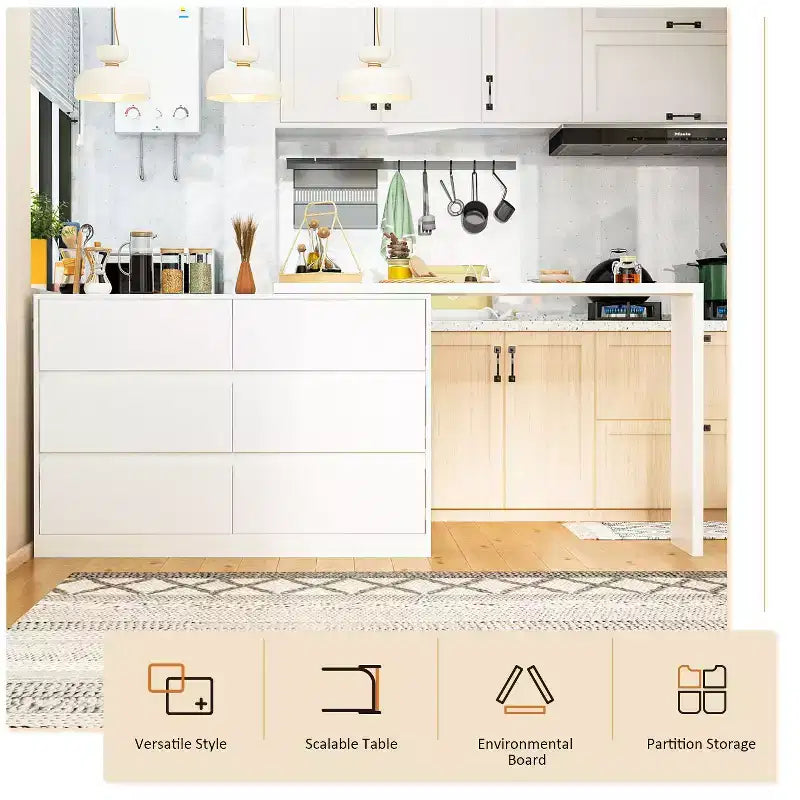 Credenza buffet girevole/estensibile intelligente con 6 cassetti, piano di lavoro estensibile, tappetino antiscivolo, tavolo da pranzo girevole, dispensa a isola da cucina