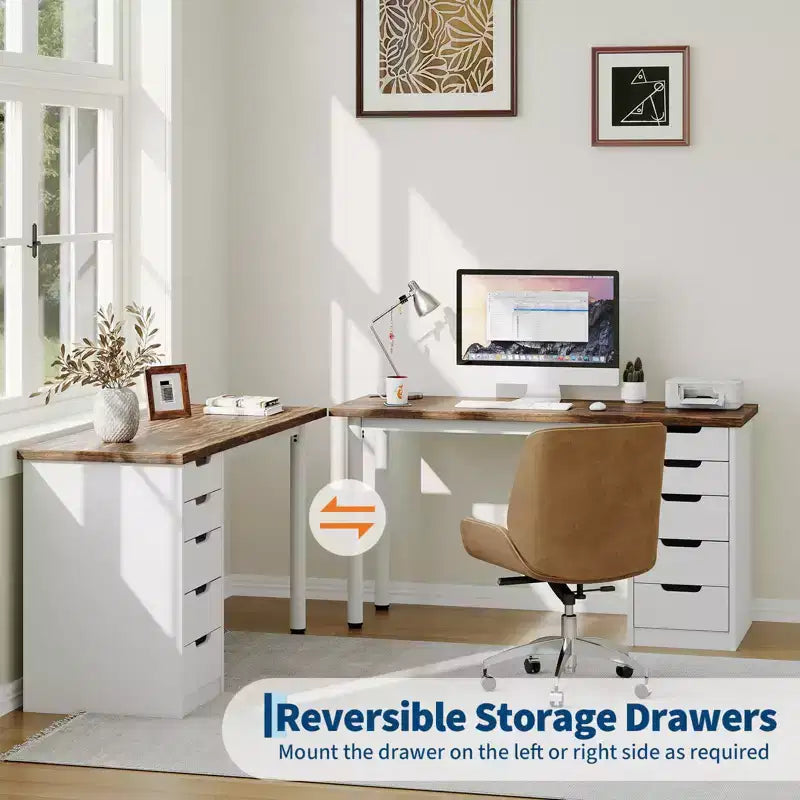 Desk tal-kompjuter ta’ 47 Pulzier b’5 kxaxen għall-ħażna, mejda moderna rustika riversibbli għall-istudju u l-kitba, workstation għall-uffiċċju tad-dar għal spazji żgħar