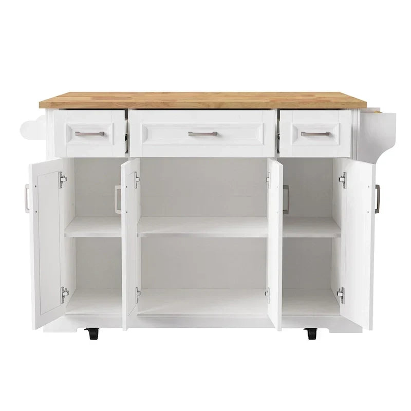 Grande isola da cucina con piano ribaltabile in legno, carrello da cucina con texture goffrata, ante e cassetti, spazio contenitore, bianca