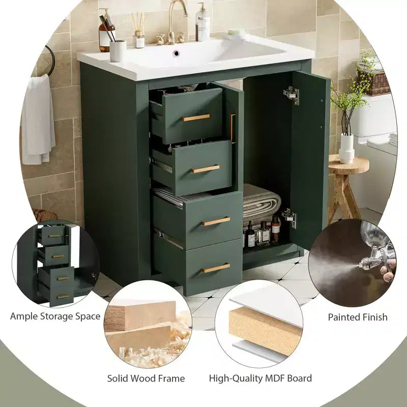 Mobile da bagno da 30" con lavabo singolo, armadietto e 3 cassetti – Nero / Blu / Verde / Indaco / Bianco