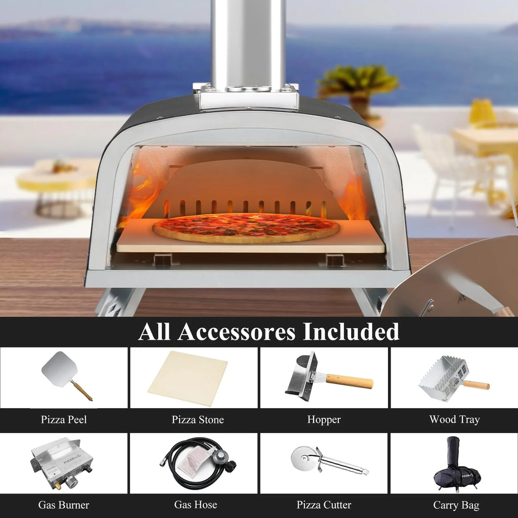 Forn tal-pizza ta’ barra b’diversi fjuwils, apparat għall-pizza moħmija fuq il-ġebel b’berner tal-gass u kaxxa għall-injam - 12-il pulzier