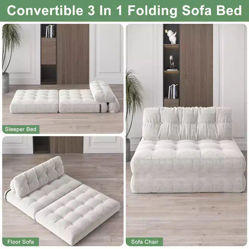 Zusammenklappbares Cord-Schlafsofa als Futon in Full-Größe, umwandelbarer Bodenschlafsessel mit Kissen und Rückenstütze