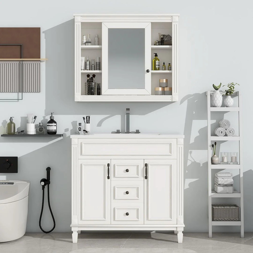 Mobile Bagno Moderno da 90cm con Lavabo Integrato e Specchiera, 2 Ante e 2 Cassetti
